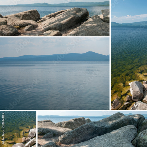 Collage with summer views of lake Turgoyak, South Ural, Russian Federation