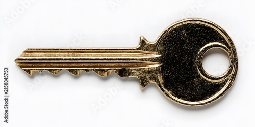 Golden vintage key with worn grooves and round bow isolated on white background