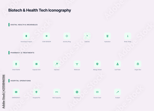 Biotech and health tech vector icon set featuring smartwatch pulse sensor, continuous glucose monitor, digital health, medical formula, smart pill bottle, and hospital operations symbols.