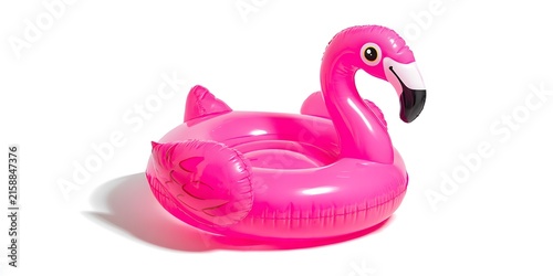 Pink inflatable flamingo pool float resting on a white surface.