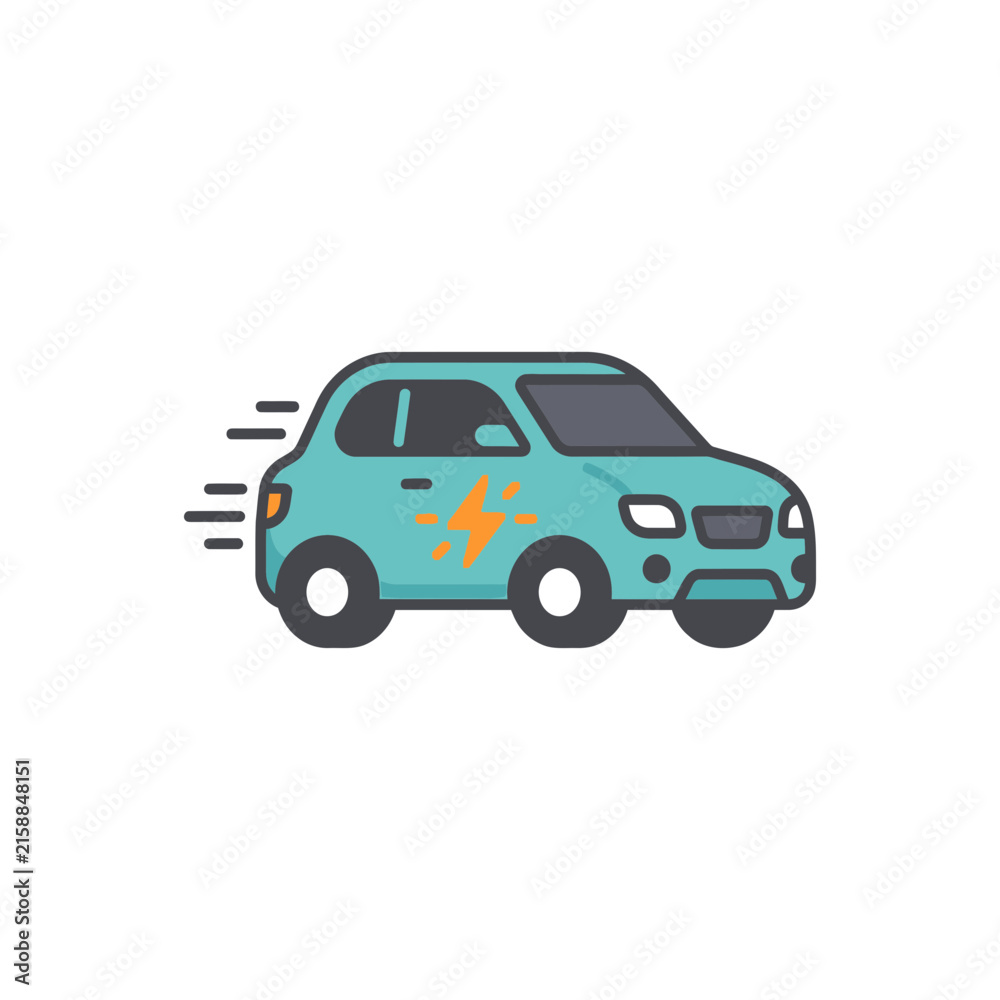 Obraz premium Green electric hatchback car with charging symbol icon.
