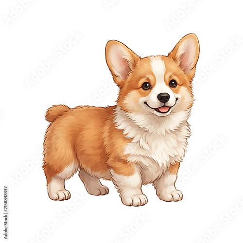 Cute fluffy pembroke welsh corgi puppy standing and looking at the camera with a happy expression isolated on a plain white background