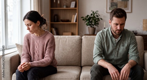 Depressed young couple sitting silently on sofa experiencing serious relationship problems