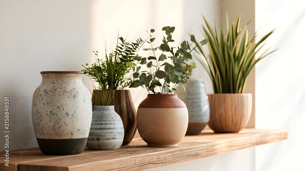 Fototapeta premium A wooden shelf holds various ceramic pots with green plants under soft natural light near a window