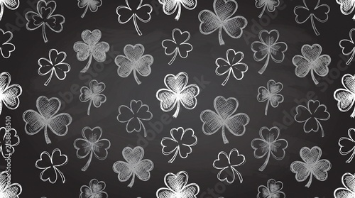 Seamless pattern of hand-drawn white chalk clovers and shamrocks on dark chalkboard background, perfect for Saint Patrick's Day decorations, festive background and greeting card design