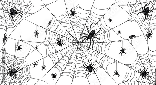 Intricate black spider web pattern with multiple spiders crawling on threads, isolated on a white background, halloween decorative