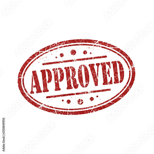 Red rubber stamp with the word approved inside an oval border, featuring a distressed, scratched texture on a white background