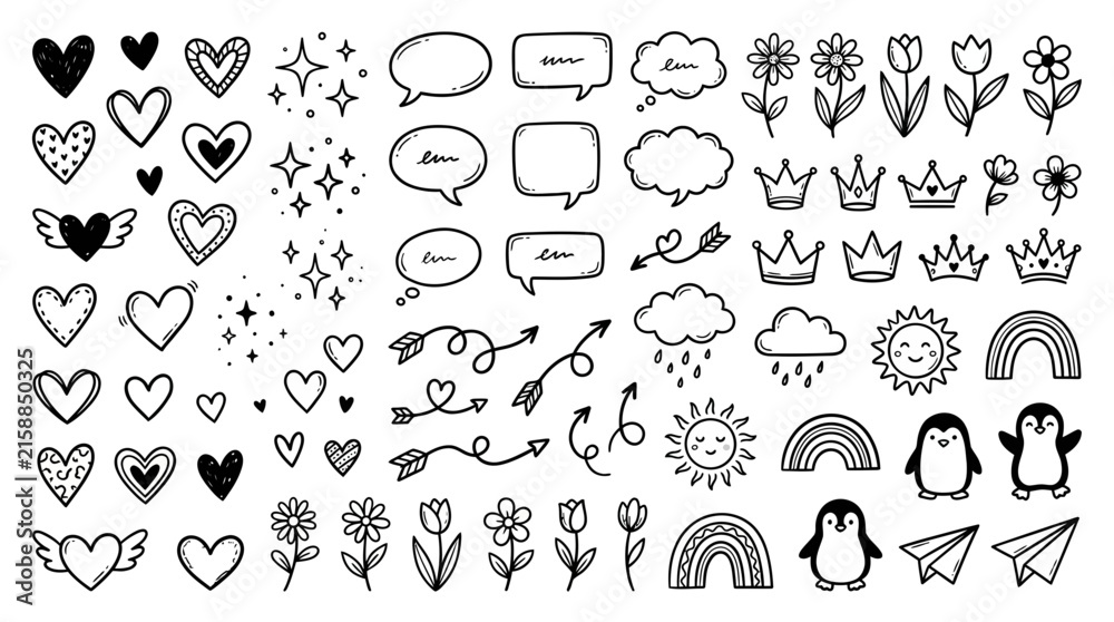Fototapeta premium Large set of hand drawn doodle elements including hearts stars flowers and cute animals in black ink style, perfect for creative bullet journaling, digital scrapbooking and graphic design