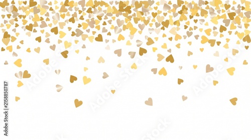 Falling golden and bronze heart confetti scattered on a clean white background, perfect for wedding invitations, romantic greeting cards and festive holiday decorations