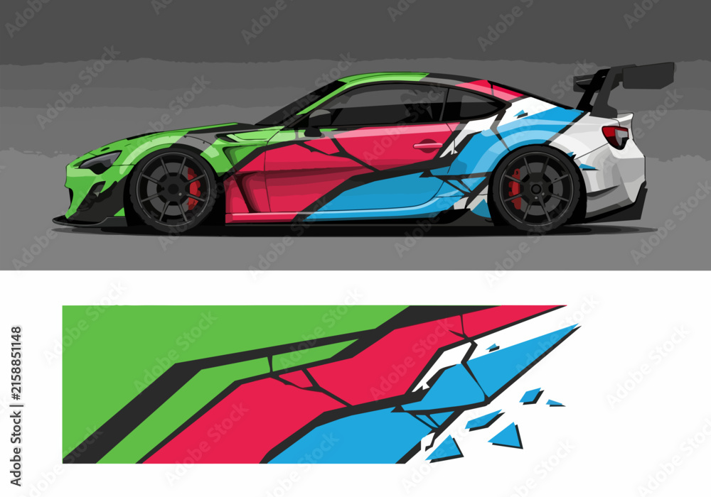 Fototapeta premium Colorful sports car with geometric racing decal design