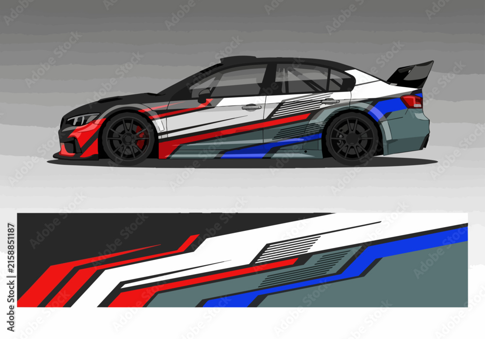 Fototapeta premium Dynamic racing car with custom speed stripe decal design