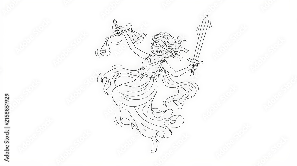 Obraz premium Playful Lady Justice Spinning Scales Like a Toy - Whimsical Depiction of Legal System