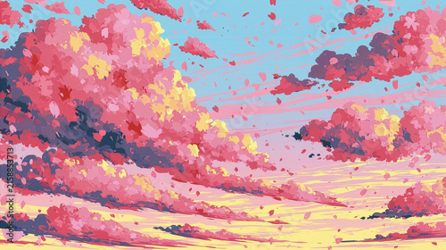 春霞の空に浮かぶ桜色の雲と夕焼けが織りなす風景