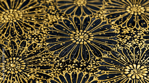 深紺色の漆に金で描かれた繊細な花菊の装飾文様