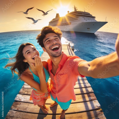 Happy man and woman laughing while taking selfie on wooden pier near sea with cruise liner