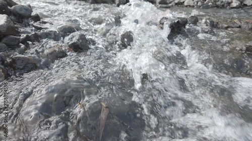 Camera Panning Left Across Fast Flowing River Water and Rocks
