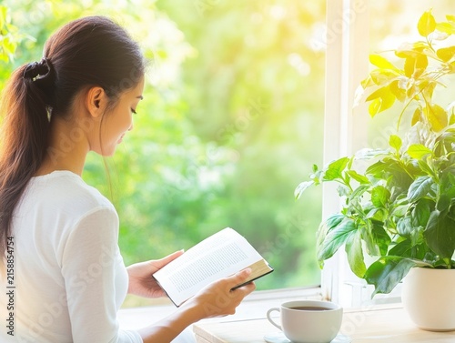 Digital Detox and Mental Wellbeing Concept with Woman Reading Book at Home