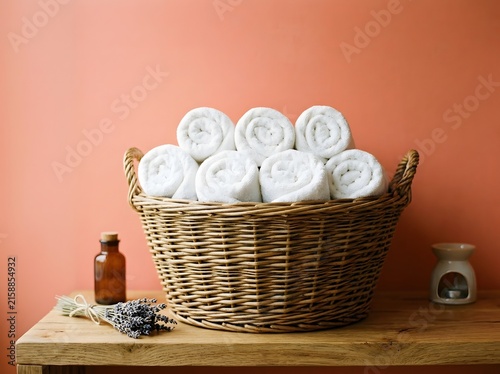 Rolled White Spa Towels in Wicker Basket on Wooden Table