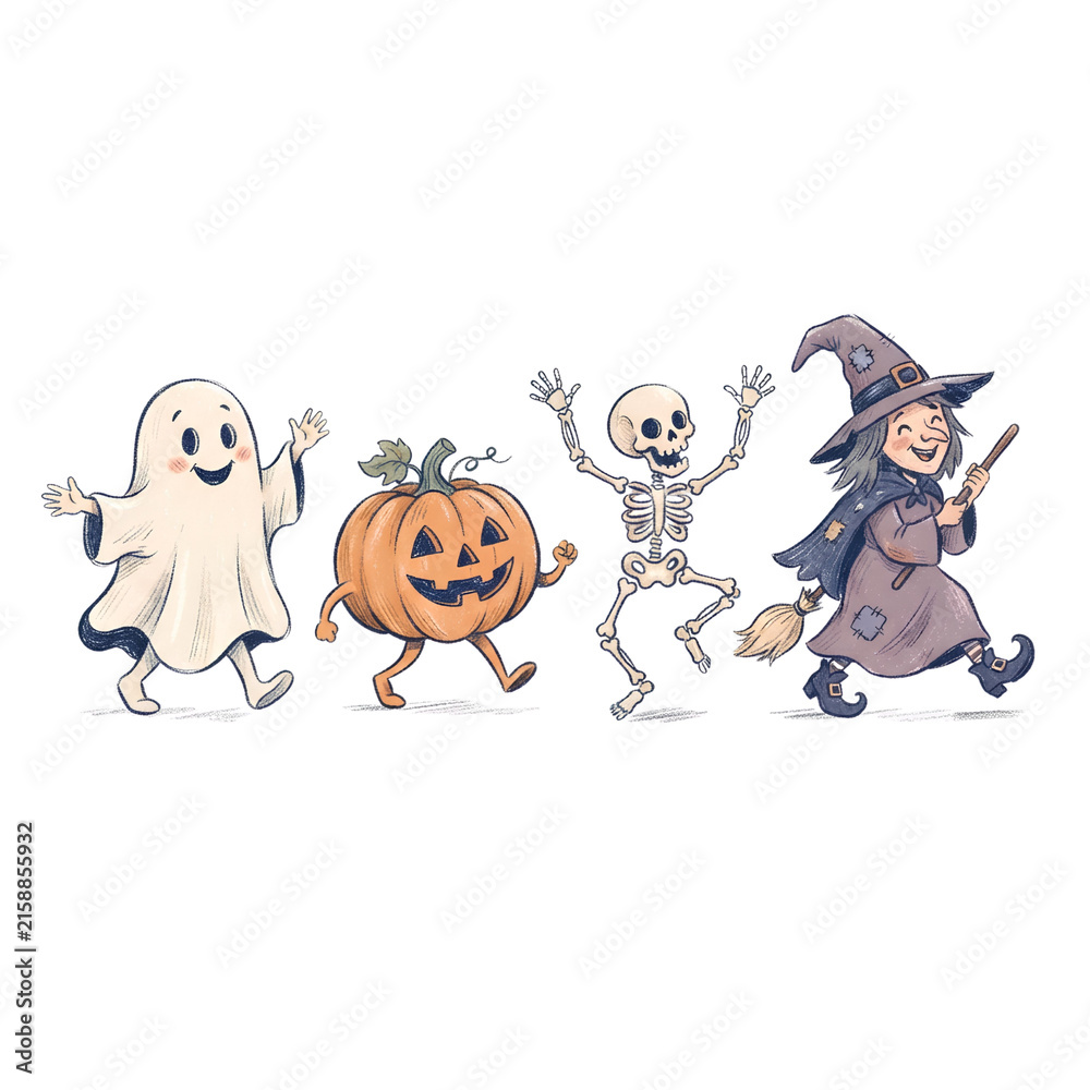 Fototapeta premium Cute Halloween characters walking ghost pumpkin skeleton and witch illustration