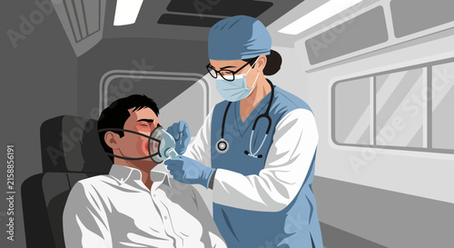 Medical Professional Providing Oxygen To Patient Inside An Emergency Vehicle