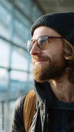 Close up portrait of traveler finding comfort in recognized global brand while traveling abroad for familiar reassurance and brand loyalty concept in international urban city location