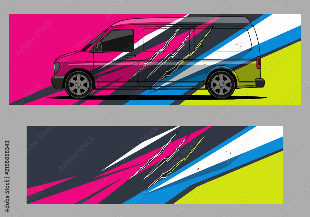 Fototapeta premium Colorful van with dynamic abstract racing stripes design