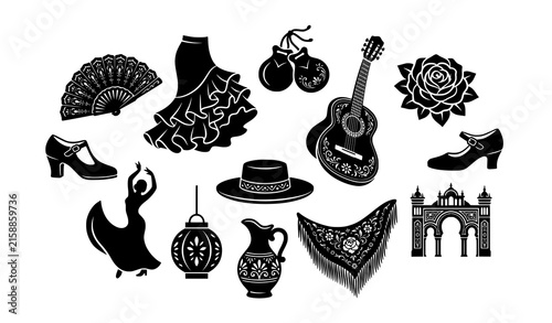 Canvas Print Flamenco Spanish festival black vector symbols with fan guitar castanets dress a