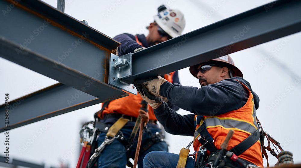 Fototapeta premium A multicultural crew of steel erectors securing a beam joint in early morning mist high above an urban construction site, harnesses and hard hats visible as the fog softens the rising skeleton of a 