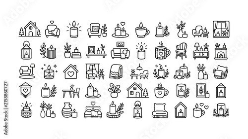 Collection of cozy home decor and lifestyle icons featuring candles plants and furniture