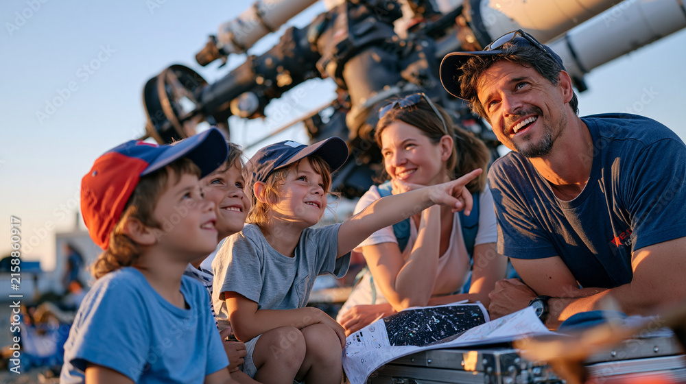 Obraz premium A stargazing guide with his family of four arranged beside a large industrial telescope mount at a remote observatory yard, children pointing skyward, star charts spread across a metal equipment cas