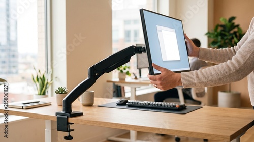 Hands Adjusting Monitor Arm for Ergonomic Desk Setup and Cable Organization