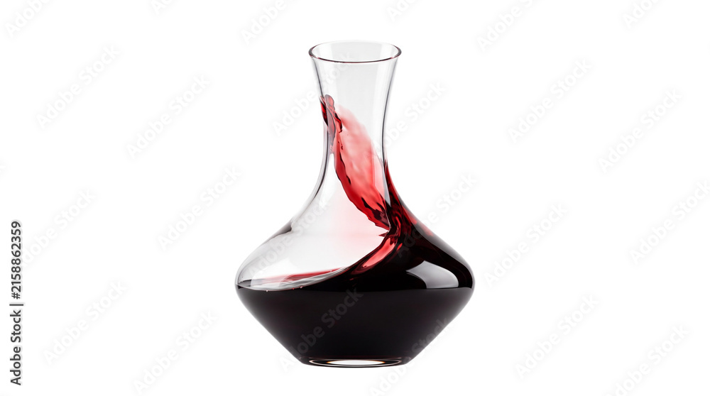 Naklejka premium Elegant glass wine decanter with red wine swirl, premium aerator carafe isolated on transparent background for bar, restaurant, tasting design