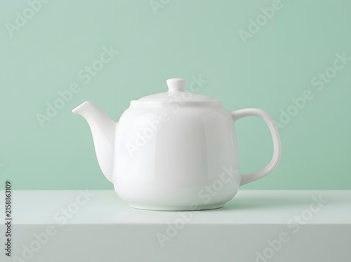 Classic White Porcelain Teapot on Minimal Table Against Soft Green Background