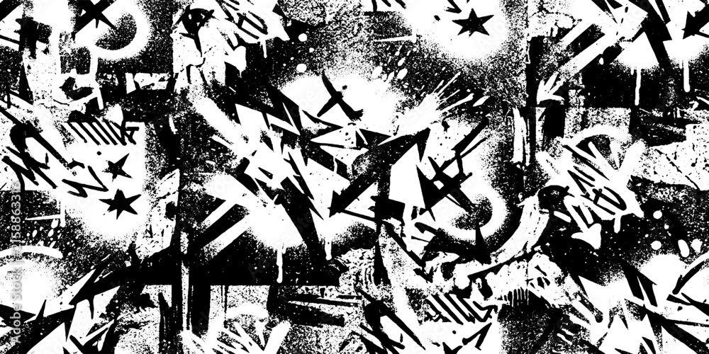 Fototapeta premium Abstract graffiti spray paint pattern with chaotic lines and stars during night on textured wall