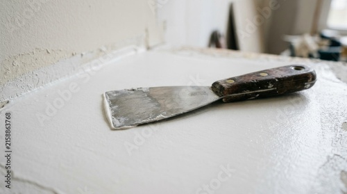 A close up of an old metal putty knife tool on a white surface.