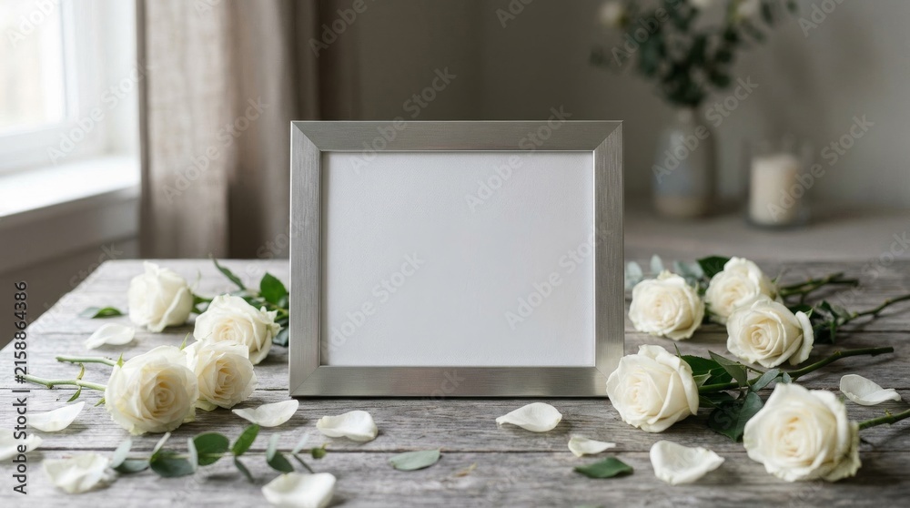 Obraz premium Elegant empty silver picture frame with white roses on rustic wooden table.