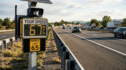 Digital Speed Display Sign on Highway Monitoring Traffic Speed And Speed Limit
