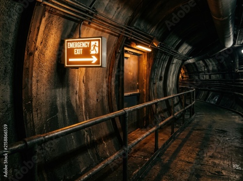 Dimly Lit Tunnel With An Emergency Exit Sign And A Railing