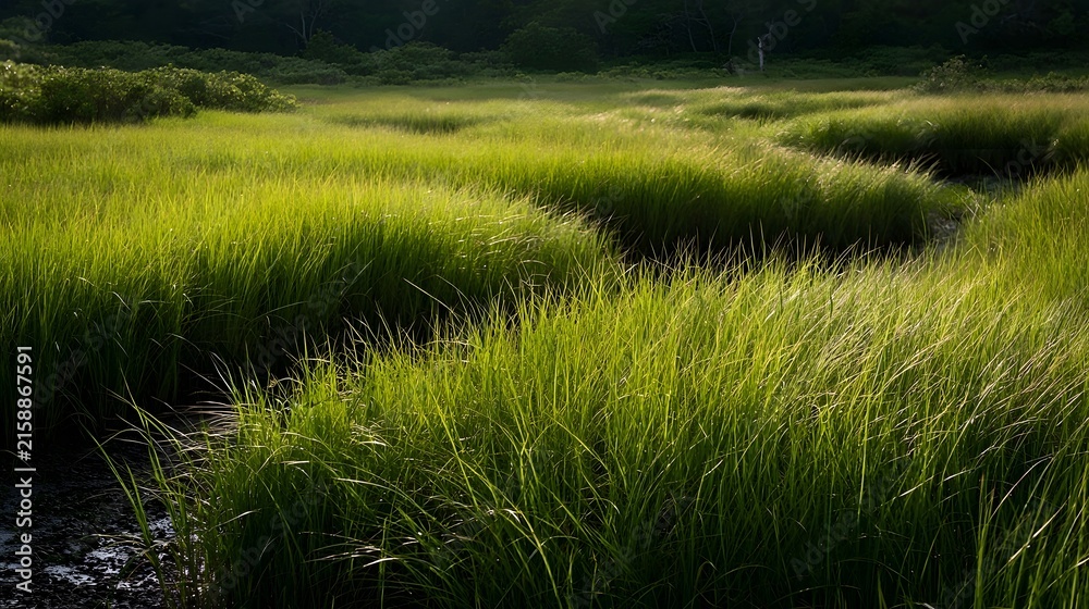 Fototapeta premium Sunlit green grasses ripple gently across a wetland meadow under soft natural light creating calm texture and depth