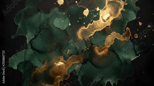Dark Green Alcohol Ink Texture with Metallic Gold Veins Abstract Fluid Marble Painting