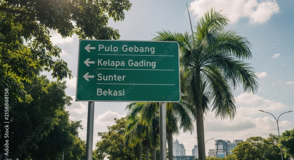 Fototapeta premium Directional Sign In Tropical City With Palm Trees And Buildings