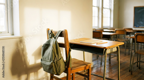 Single vintage wooden school desk and chair standing in an empty classroom next to a window with sunlight casting shadows classroom backpack education