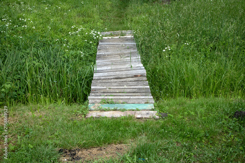 Weathered Wooden Footbridge Through a Green Meadow