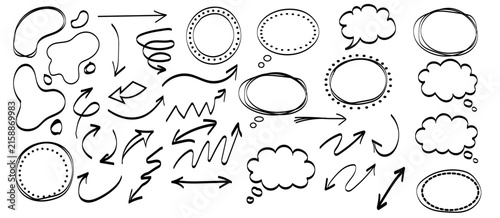Hand drawn doodle set featuring black outline frames, arrows, and speech bubbles