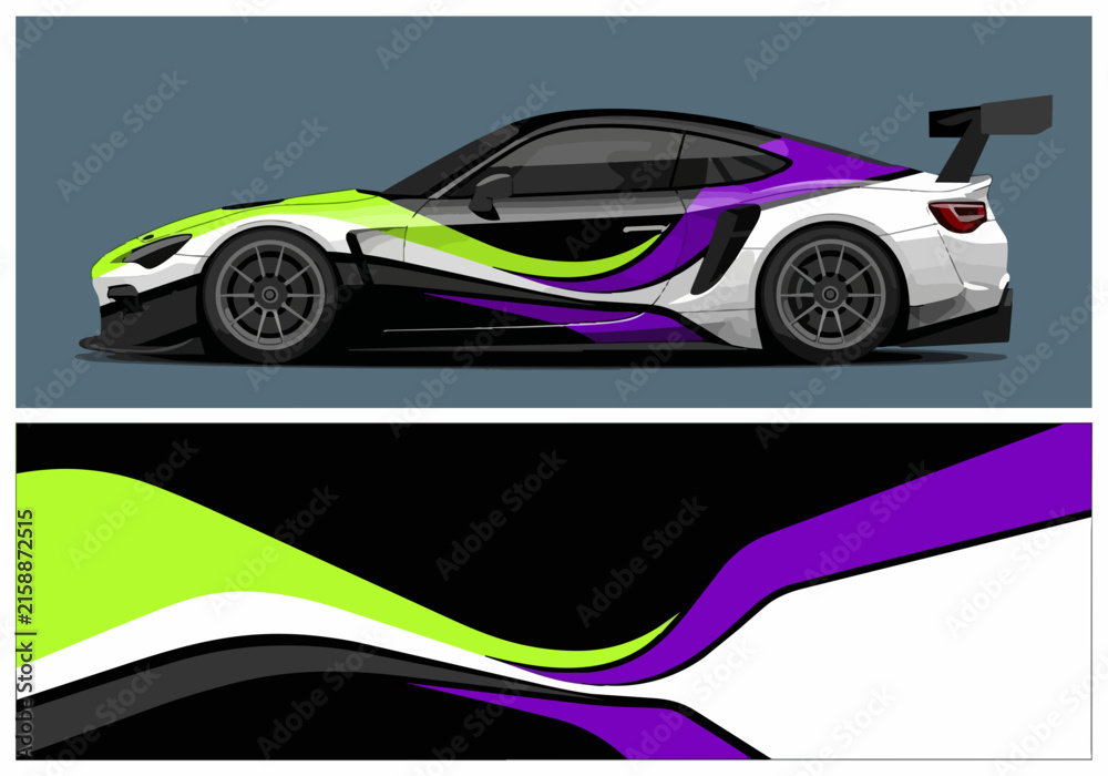 Fototapeta premium White sports car with neon green and purple racing stripes
