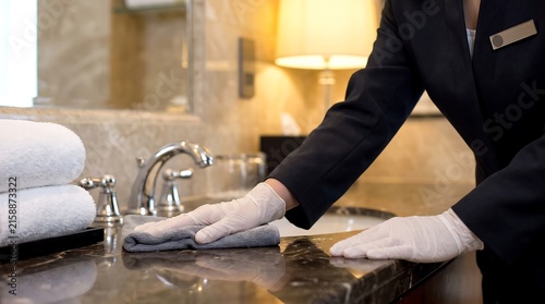 Professional cleaning service with gloved hands wiping down a marble countertop in a bathroom