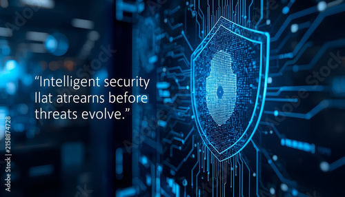 Cybersecurity digital shield icon glows over a complex blue circuit board pattern representing online data protection systems.
