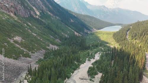Stunning aerial perspective of Cavell Lake surrounded by