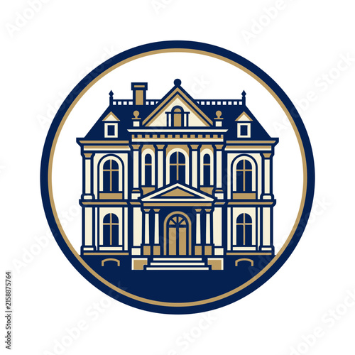Circular estate logo with detailed blue mansion illustration.
