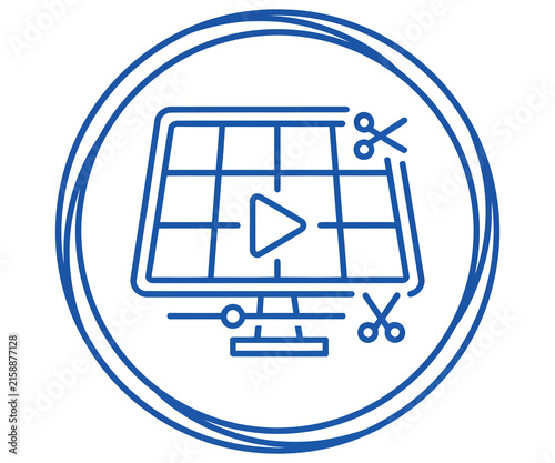 Video editing icon, blue line art of computer monitor with scissors and play button, digital media production symbol